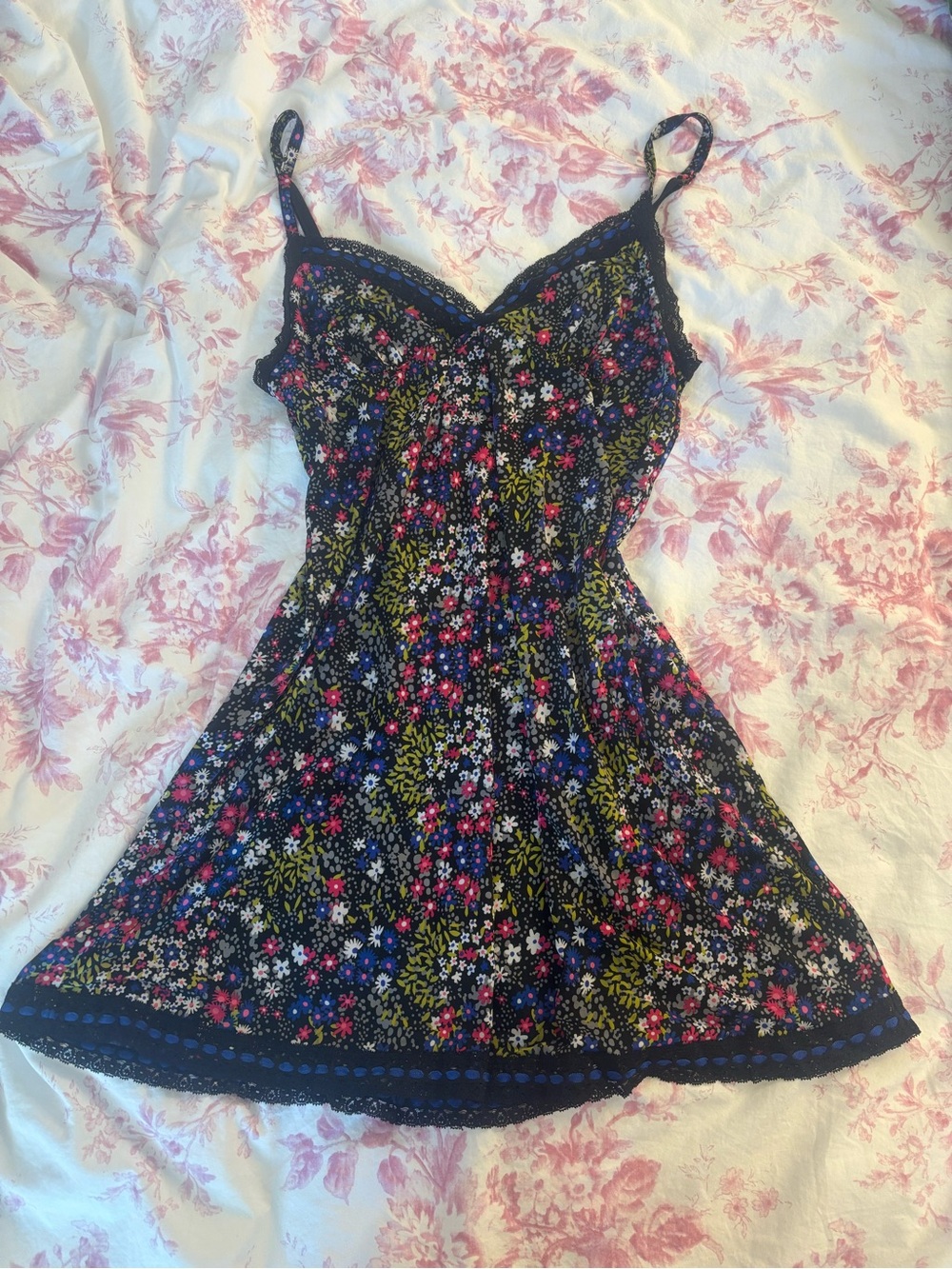 La SENZA Black Floral Mini Dress with Pink, Blue & Green Print - Picture 1 of 3